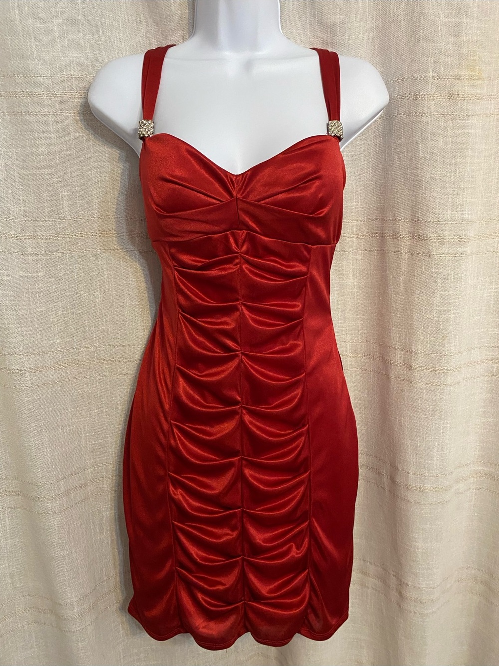 Love Tease Red Satin Ruched Mini Dress with Rhinestone Strap Detail Sz 6